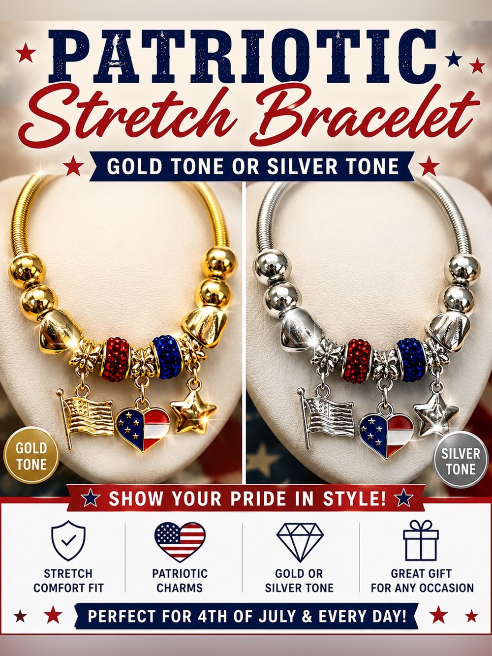 Patriotic Charm Bracelet with Red & Blue Accents in Gold or Silver Tone-Choose 1